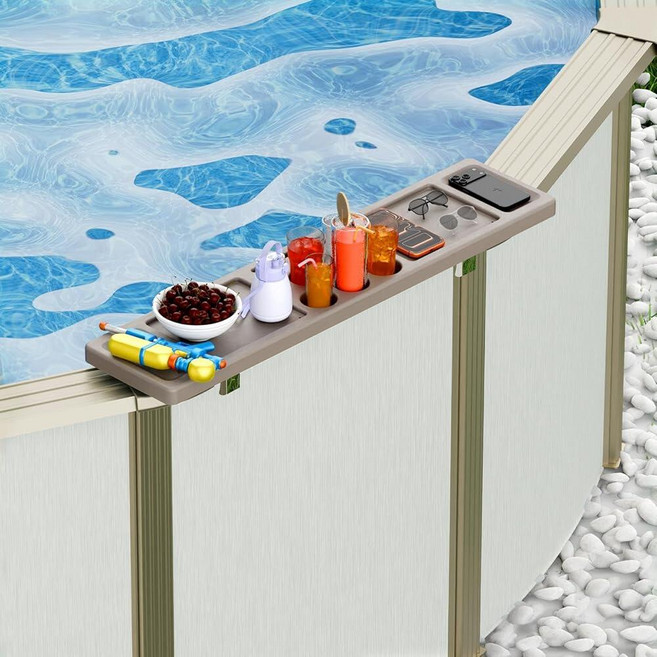 ECOPOOLTECH 풀사이드 바 테이블 5개의 컵 홀더가 있는 수영장 음료 바 지상 스틸 벽 수영장 전용 - 성인용 파티오 수영장 파티 액세서리 휴대용 흡착 컵 스윔업, ECOPOOLTECH 풀사이드 바 테이블, 5개의 컵