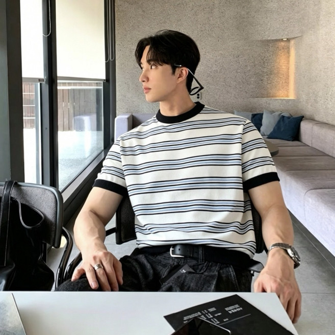 스타일닥터 여름 남성 스트라이프 티셔츠 머슬핏반팔 오버핏 라운드넥 반팔 니트웨어