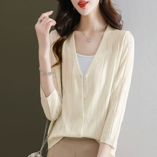 Makone 여성 아이스실크 자외선차단 7부 소매 니트 가디건 솔리드 심플 무지 데일리룩