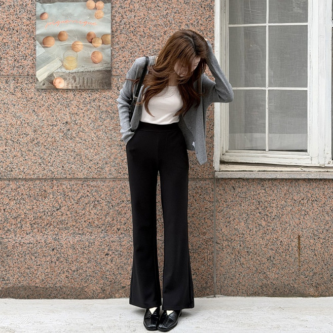 앤샵 여성용 하이웨스트 세미 롱 부츠컷 슬랙스 허리밴딩 나팔 바지 정장 팬츠 베키 편안한팬츠 빅사이즈