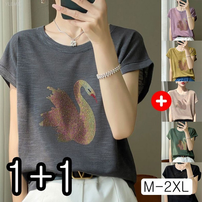 YLEMI 1+1 여름 루즈핏 라운드넥 순면 반팔 여성 큐빅 디자인 반팔 티셔츠 가오리소매 티셔츠 2장세트