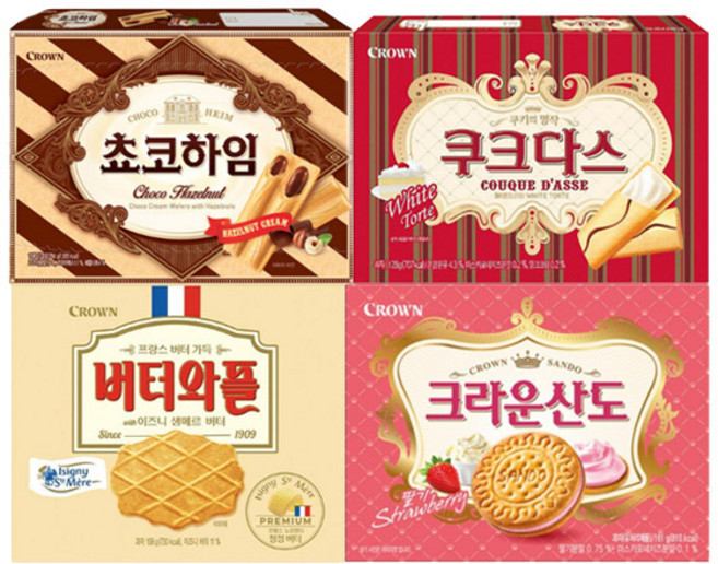 스윗몬 (크라운 4종세트) 버터와플 위드 이즈니 생메르 버터 158g+초코하임 142g+쿠크다스 화이트 128g+산도 딸기 161g