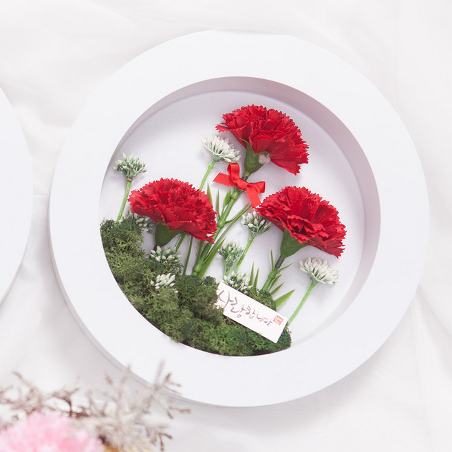 카네이션 조화 액자 리본set 24cm 2컬러 꽃 어버이날 스승의날 벽 장식 벽걸이 감사 선물 행사, 핑크, 1개