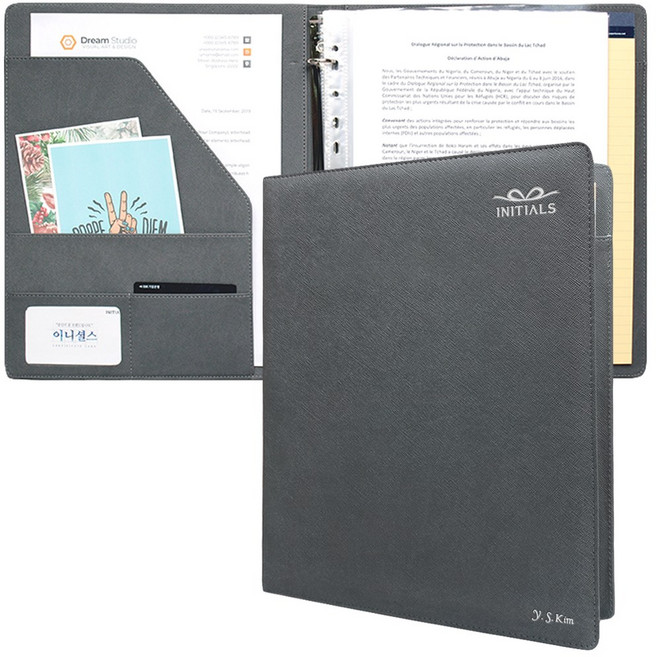 이니셜스 사피아노 고급 링바인더 / 이름 로고 각인 포트폴리오 악보집 3공 바인더, 사피아노 그레이