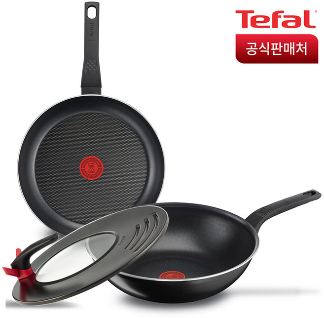 테팔 심플리클린 후라이팬 세트 3p, 블렉 + 레드, 후라이팬 30cm + 웍 28cm + 멀티뚜껑