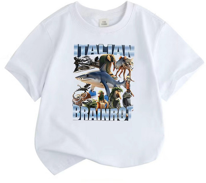 FONOW 아동티셔츠 이탈리안 브레인롯 상어 맨투맨 반팔티셔츠 여름 반팔면티 주니어옷 가족티