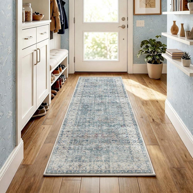 Beauoop 2x3 Washable Area Rug Blue Vintage Neutral Patterned Carpet Non Slip Low Pile Indoor Small