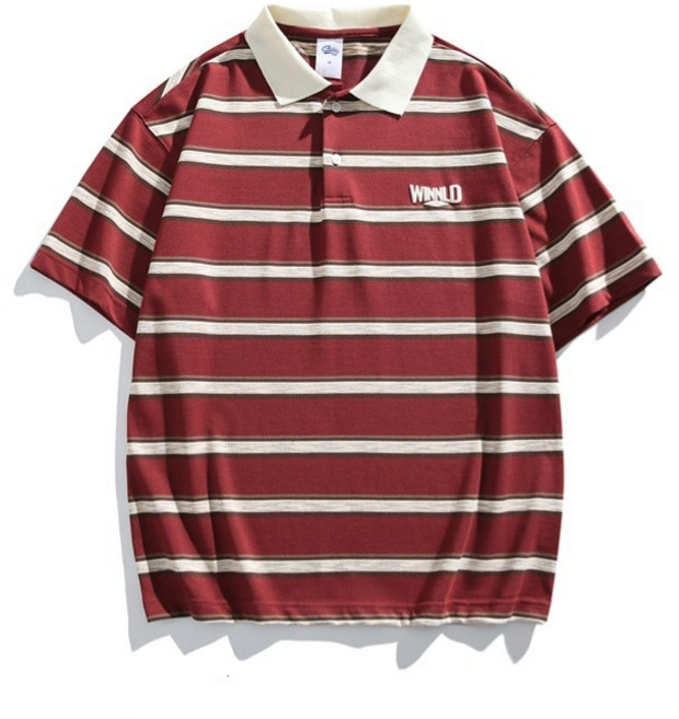 ANYOU 남성 순면100% 오버핏 반팔 티셔츠 레트로 스트라이프 카라넷 빅사이즈 티셔츠