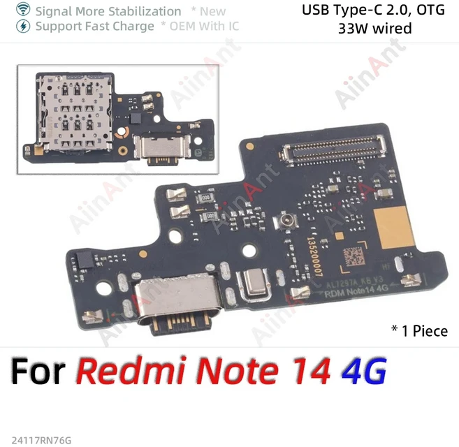 호환 샤오미 레드미 노트 14 프로 플러스 5G용 하단 도크 USB 충전 보드 커넥터 케이블, 06 For 레드미 Note 14 4G