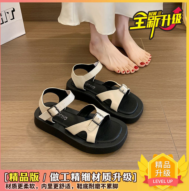 時尚百搭厚底涼鞋女，一字式扣帶露趾羅馬涼鞋, 白色【升級版】,39