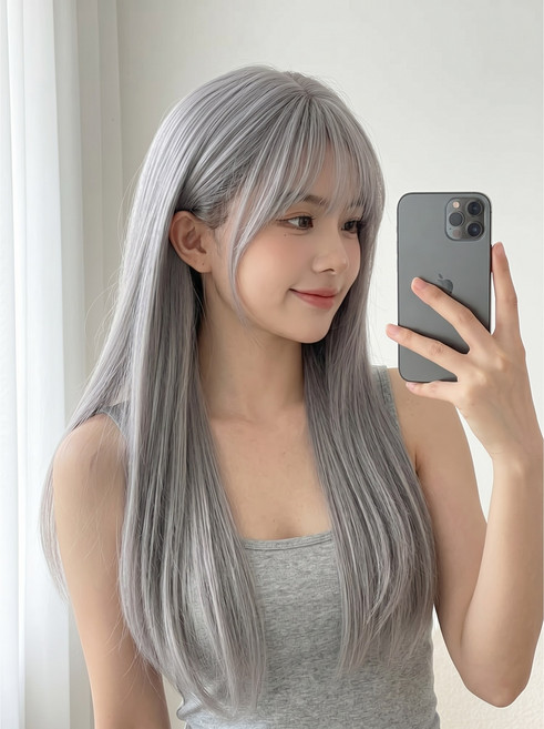 S컬 여신 긴머리 중간분리 롱 웨이브 통가발 75CM, 1개, 멜란지그레이