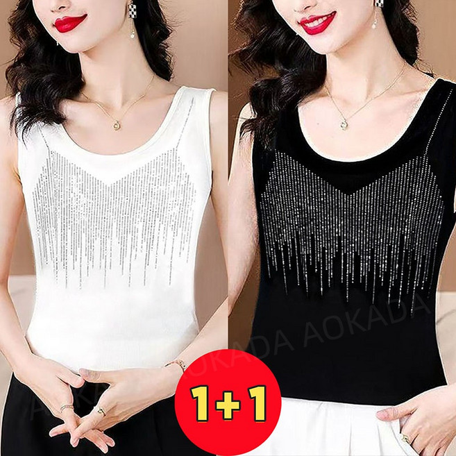 AOKADA 1+1 여성 라운드 반짝이 민소매 티셔츠 이너 나시
