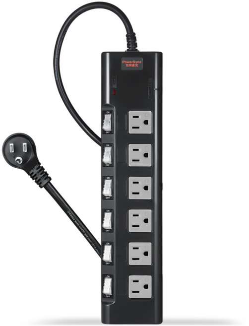 群加 PowerSync 台灣製造 6開6插3P插座尿素防火防雷擊電源延長線(磁鐵固定)1.8米, 黑色, 1個, 1.8m