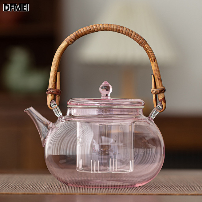 DFMEI 玻璃燒水壺煮茶壺電陶爐大容量耐高溫泡茶家用茶爐套裝, A-71 竹藤茶壺 (粉色), 如圖, 1個