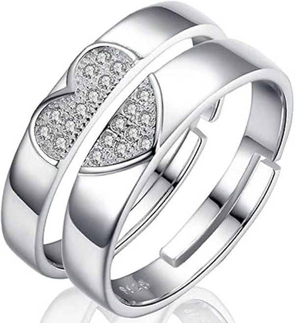 민크 오픈 하트 큐빅 커플링 은반지 남녀공용 커플세트