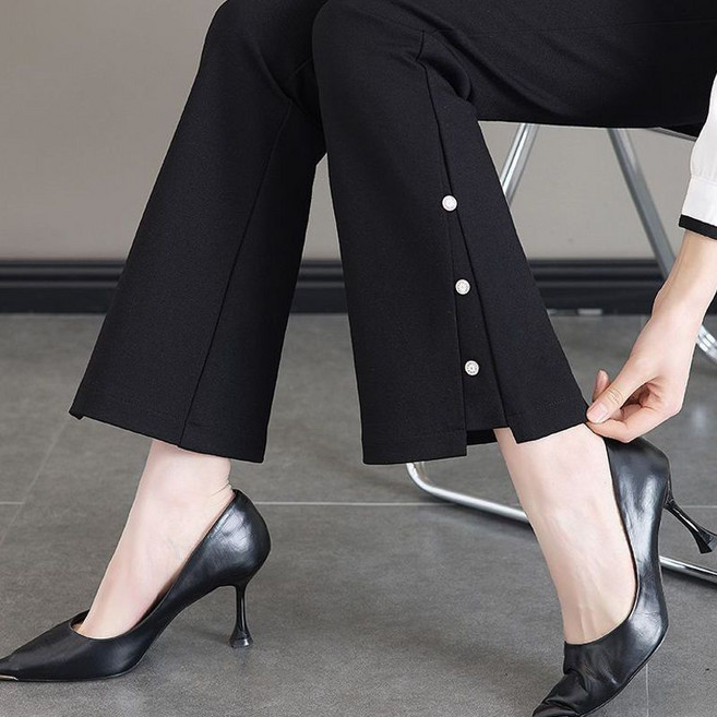 중년 여성 봄 여름 팬츠 패션 스판 캐주얼 하이웨이스트 부츠컷 바지 슬림핏 기질 와이드 팬츠 LJX