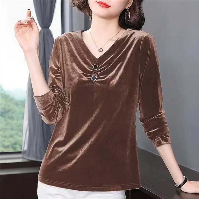besteffie 벨벳 블라우스 여성용 브이넥 벨벳 가을 겨울 어머니 중년 긴팔 벨벳 티셔츠 E58