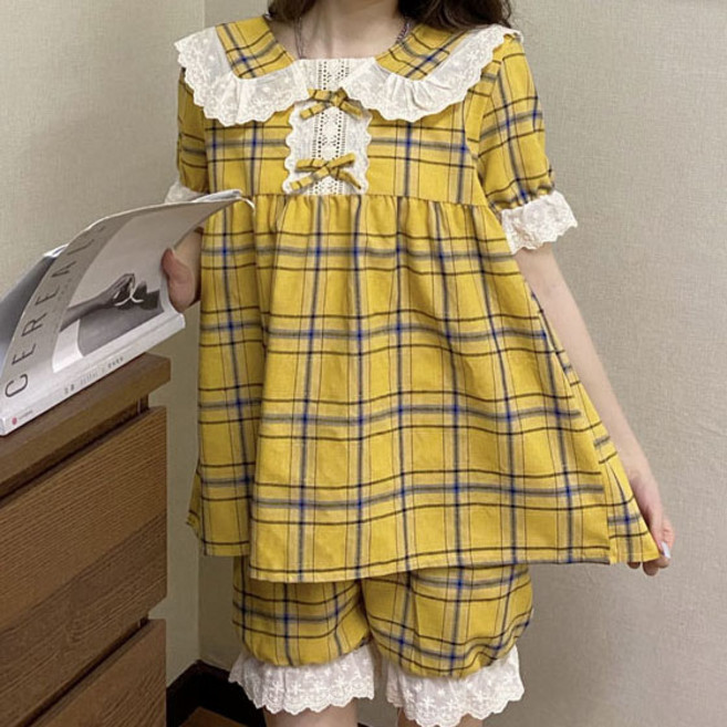 면혼방 체크 반팔 파자마 잠옷 홈웨어 세트