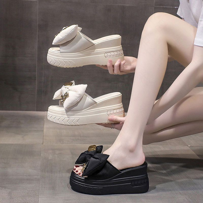 꽃소담 여자 여름 리본 슬리퍼 통굽 웨지 8cm 샌들 HZHF84