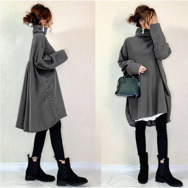 COSYEVNO 하이넥 맨투맨 원피스 루즈핏 패션 빅사이즈 캐주얼 긴팔 미디 스커트