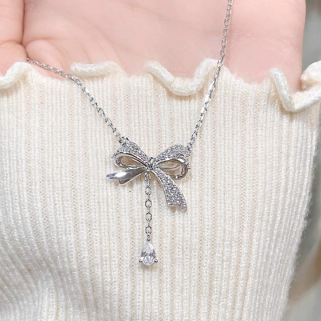 여성용순은 목걸이 리본 펜던트 큐빅 쇄골 체인 데일리 액세서리 심플 디자인 쥬얼리