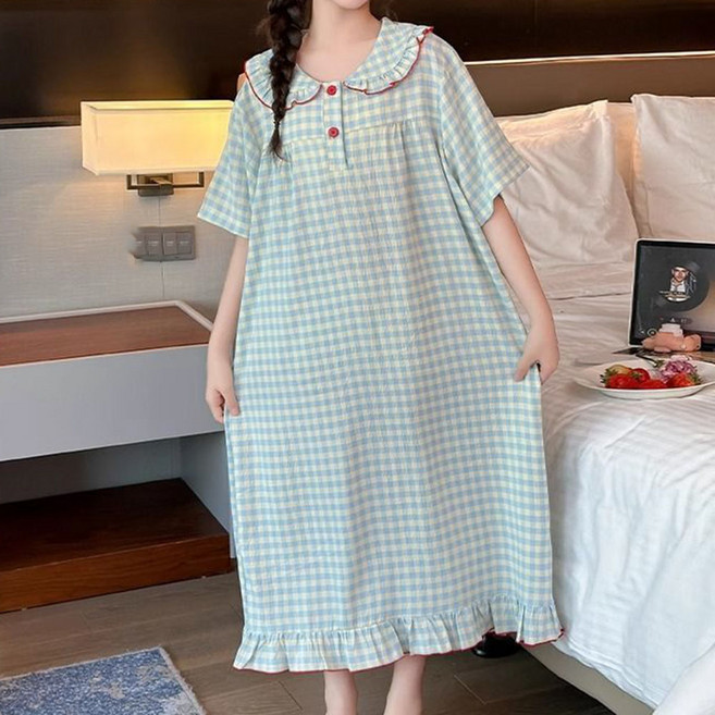 로르카 여아 카라 체크 루즈핏 프릴 디자인 롱 반팔 아동용 잠옷원피스 14세 이상 사용 가능
