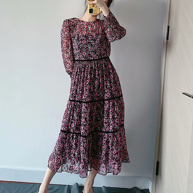 나도퀸 플로럴 블랙라인 스모크 쉬폰 롱원피스