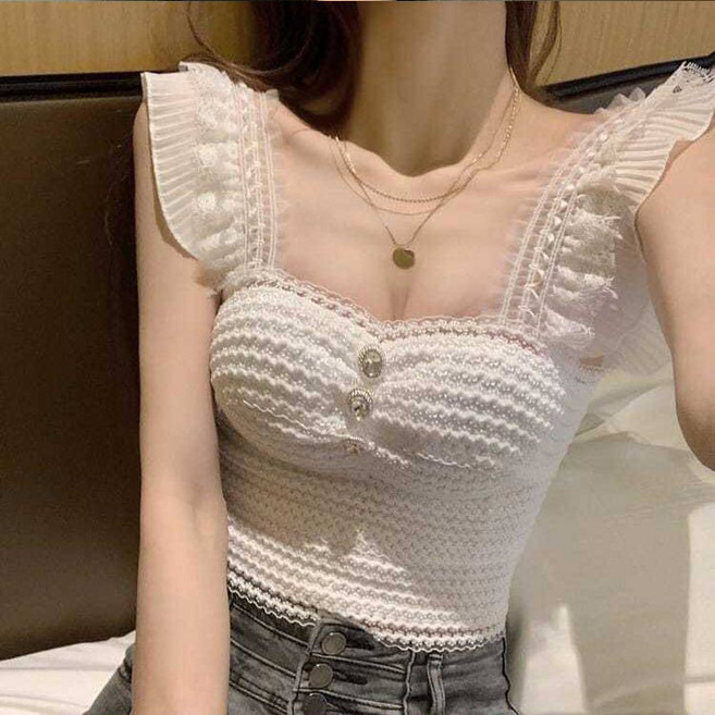 백송 레이스 숄더 프릴 버튼 뷔스티에 탑 셔링 퓨어 화이트 시크 블랙 패션 스타일링