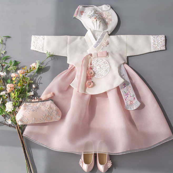 루아한복 유진 여아한복 아이보리당의 샤분홍 샤민트 치마(백일-10호)