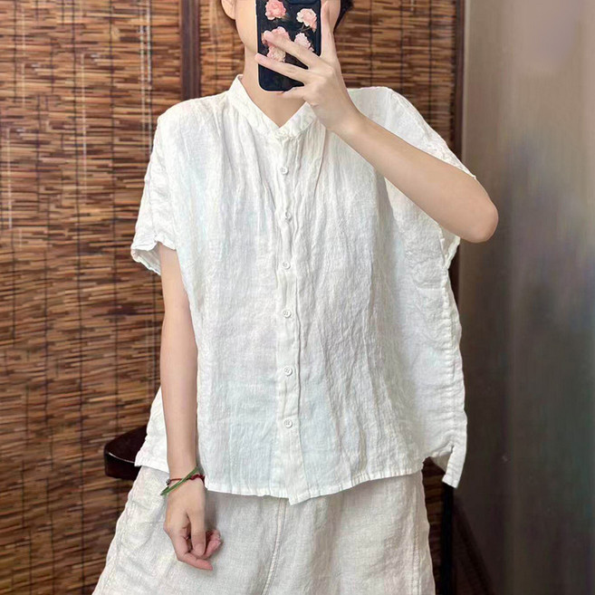 여름 여성 얇은 면리넨 반팔 셔츠 프리미엄 루즈핏 오버핏 캐주얼 데일리 통기성