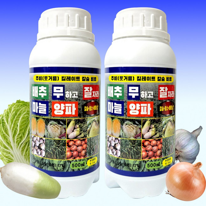 배추 무 마늘 양파 무우 칼슘 흡수빠른 킬레이트 칼슘제 잎끝이 타들어가는 마르는 칼슘부족 무름 현상 예방 배추밭 무밭 마늘밭 양파밭 무우밭 추비 웃거름 잘자라 칼슘영양제 비료, 2개, 500ml