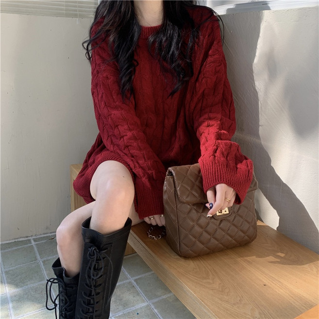 太妮絲 韓系新年紅麻花針織長版毛衣
