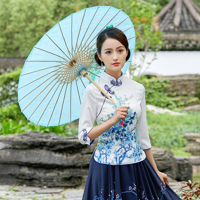 藍花古典簡約唐裝印花上衣 中袖旗袍式服飾