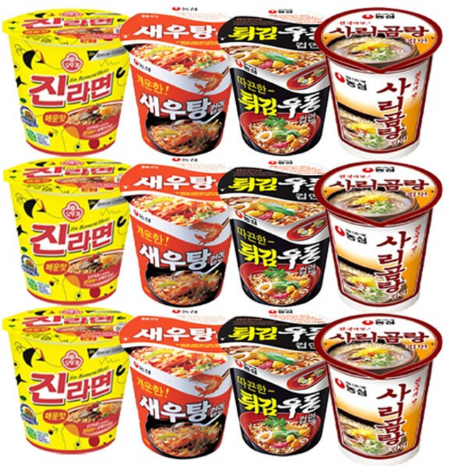 소컵 12종 세트 진라면 매운맛 3개+새우탕 3개+튀김우동 3개+사리곰탕 3개, 1개