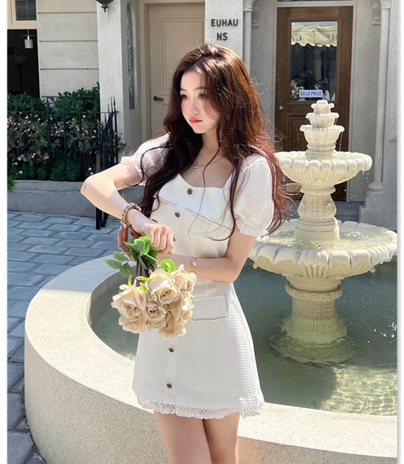 여성용 패션 정장 세트 봄 여름 패션 패치 트위드 투피스 기질 오피스룩 반팔 자켓 슬림핏 미니 스커트 ymy