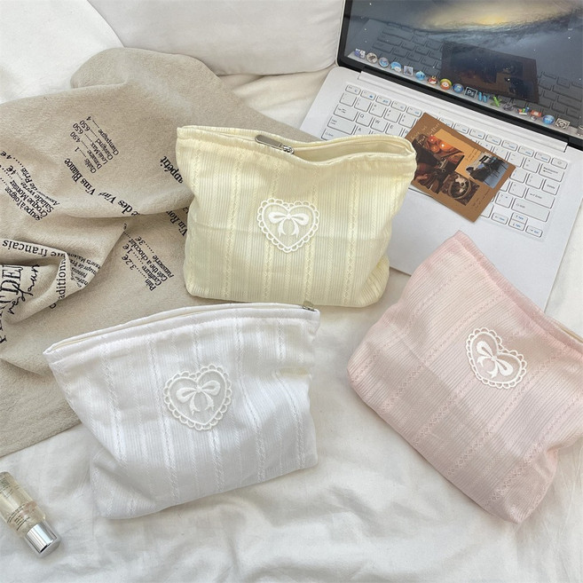 에슬린 귀여운 휴대용 리본 하트 다용도 메이크업 파우치