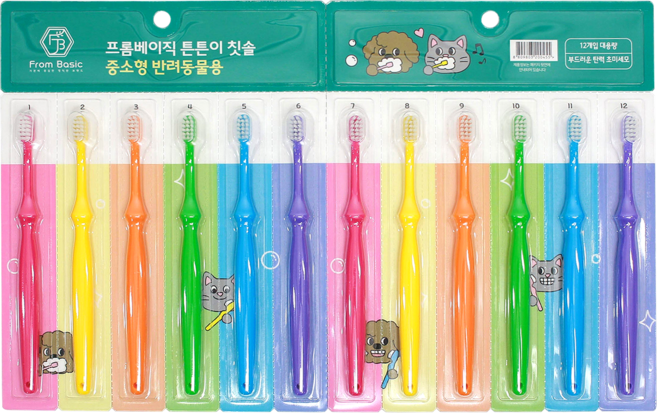 프롬베이직 반려동물 탄력초미세모 강아지 고양이 전용 튼튼이 칫솔, 12개