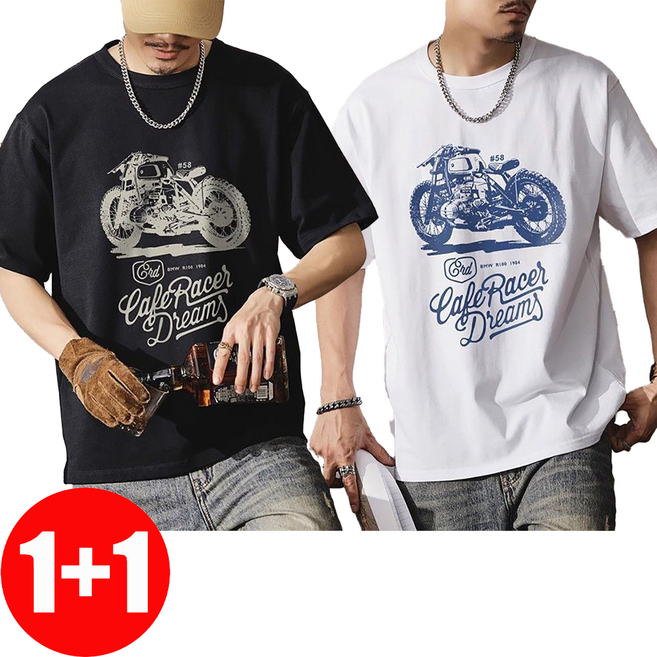 지고다그 1+1 남자 반팔티 여름용 빈티지 오버핏 프린팅 티셔츠 루즈핏 순면 라운드넥 캐주얼 상의 ZK4244