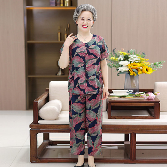 중장년 여성 투피스 세트 할머니옷 반팔티 + 얇은 와이드 팬츠 빅사이즈 여름 여자 캐주얼 세트 CJJ