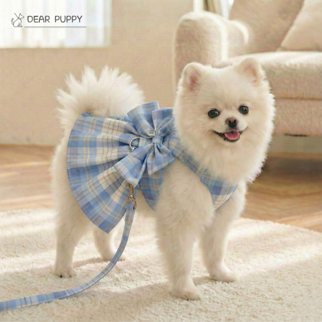 디어퍼피 강아지 앞섬방지 스커트 하네스 리드줄 목줄 세트, 스카이블루, 1개