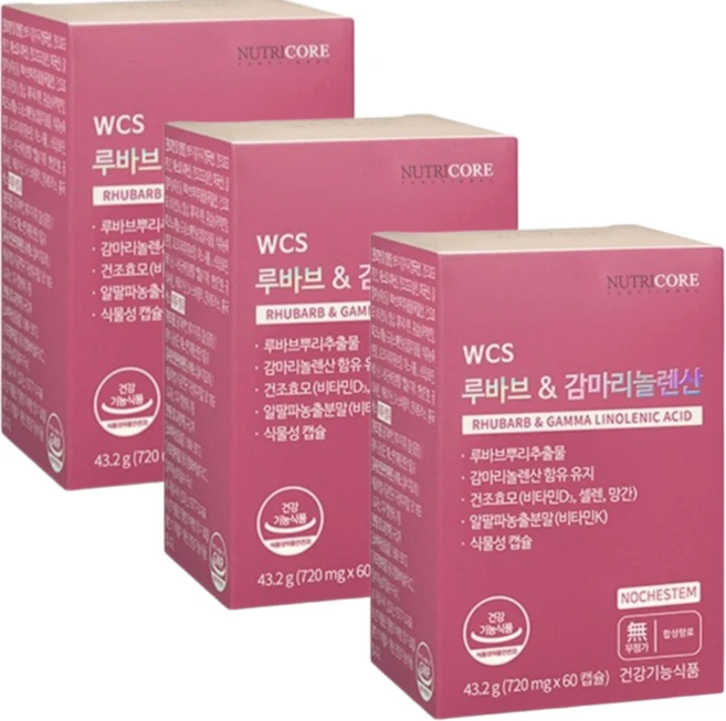 뉴트리코어 루바브 앤 감마리놀렌산 60캡슐 x 3개 관절통 씨앗 에스트로겐 영양제, 60정, 3박스 - 쿠팡