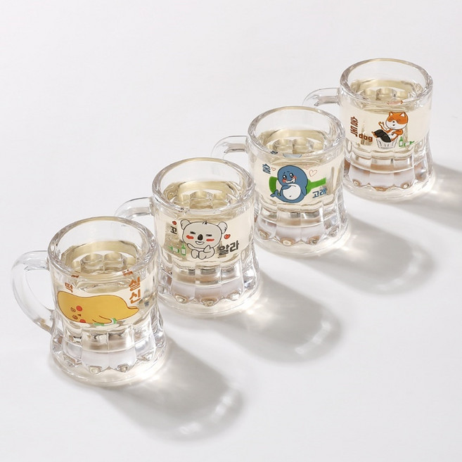 혀누닷컴 혀누닷컴 예쁜 특이한 소주잔 4개 유리 손잡이 소주컵 파티 미니 술잔 세트, 사대천왕세트, 1개