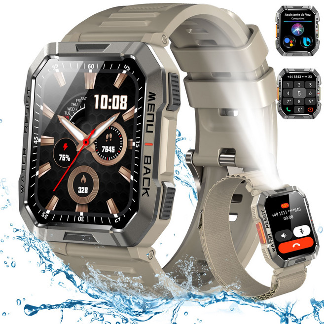 IOWODO W60 아웃도어 스마트워치 2.01인치 대형 화면 900mAh 배터리 방수 먼지충격 방지 통화 나침반 손전등, 블루투스, 4.4cm, 카키색