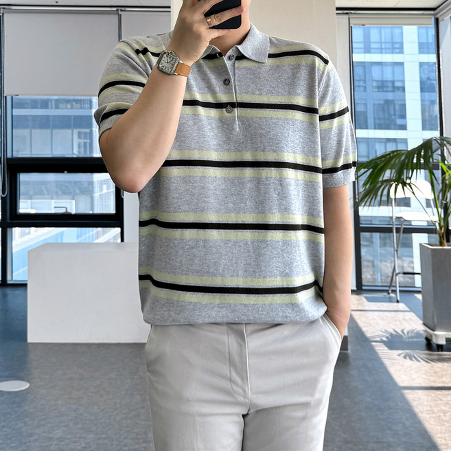 룩플레인 면 백프로 여름 스트라이프 반팔 카라 티셔츠 3color