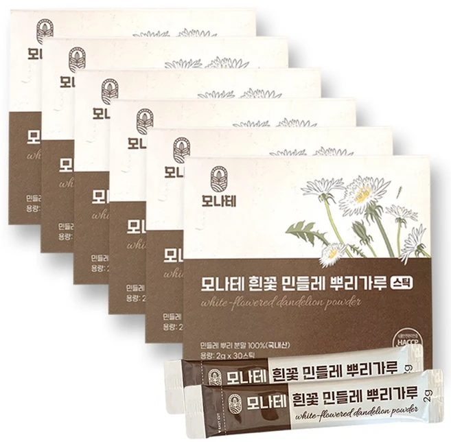 모나테 흰꽃 민들레 뿌리가루 스틱 / 국내산 민들레 뿌리 100% 분말 (기간한정30%할인), 6박스, 60g - 쿠팡