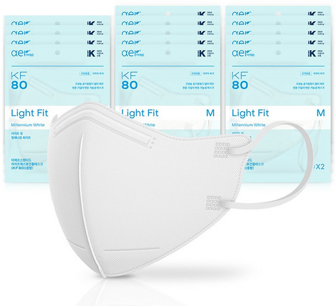 아에르 라이트핏 보건용 마스크 중형 KF80, 2개입, 15개, 화이트