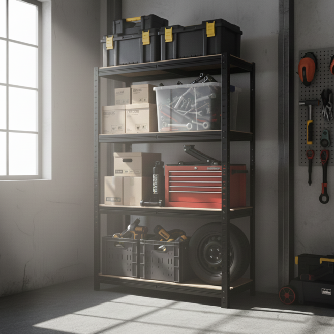 부원진열장 에코랙 무볼트 조립식 철제 앵글 선반, 3단, 블랙