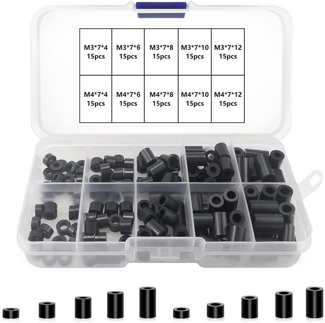 ABS 원형 와셔 조립품 절연 와셔 키트 나일론 나사 와셔 조립품 플라스틱 비나사형 스트럿 지지 와셔 나사용 여러 크기 보관 케이스 포함, 블랙 - M3.M4 - 150개, 1개