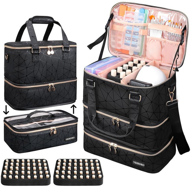 비드로 네일 폴리시 정리 가방 80병(15ml / 0.5fl.oz) & 램프 어깨끈이 있는 소프트 벨벳 키트 보관 케이스 더블 레이어 용품 여성(핑크) 가능, Black - 90 Bottles, 90 Bottles