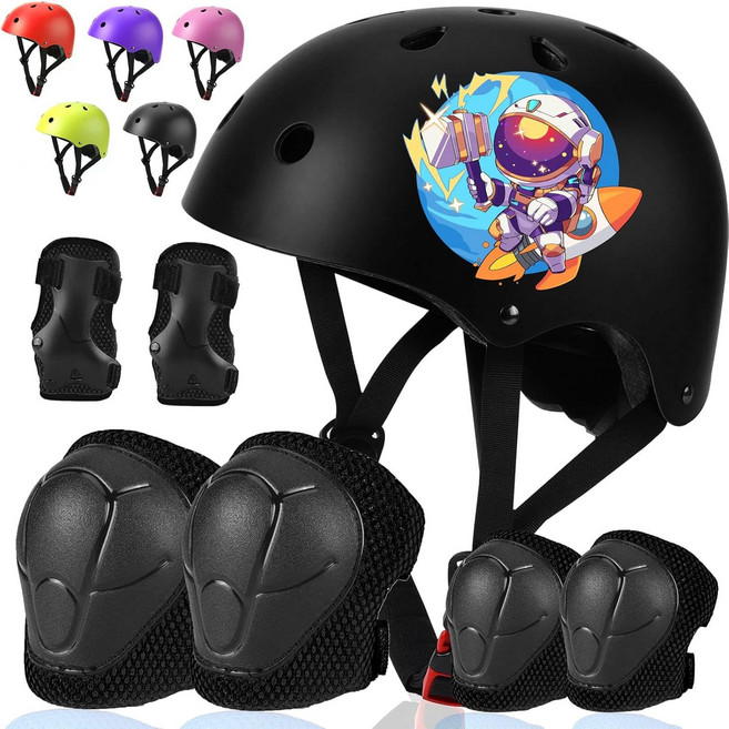 Comforhous 컬러 그라데이션 아동용 자전거 헬멧 및 패드 조절 가능한 헬멧 아동용 보호 장비 세트 팔꿈치 무릎 패드 포함 손목 가드 사이클링 자전거용, Small: 20.1"-21.2"/51-54cm, 블랙-우주 비행사